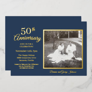 Invitation En Aluminium Photo Bleue Chic 50e Anniversaire Or