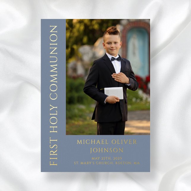 Invitation En Aluminium Photo Bleue Moderne Garçon Première Communion Sain (Modern Boy Photo Blue First Holy Communion Foil Invitation)