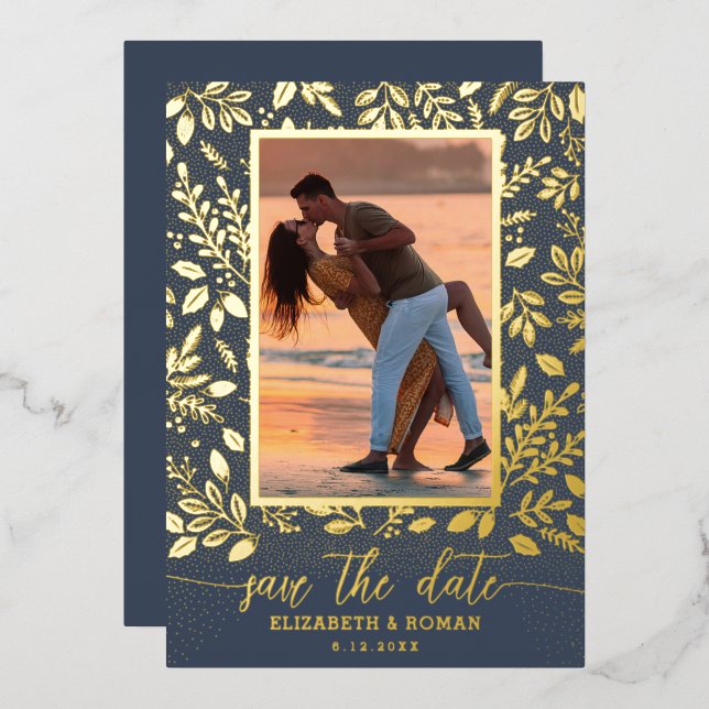 Invitation En Aluminium Photo botanique verte Enregistrer la date (Recto/Verso)