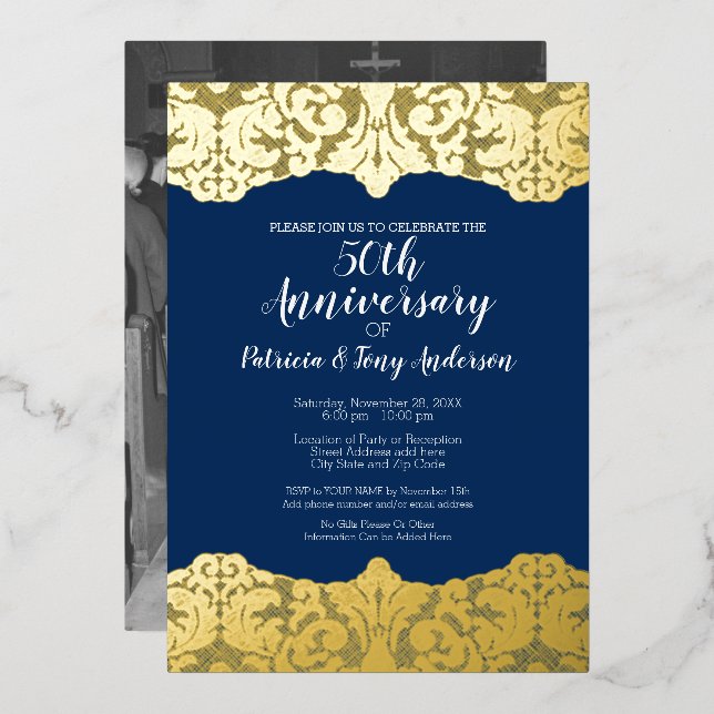 Invitation En Aluminium Photo d'anniversaire de mariage Navy et dentelle d (Recto/Verso)