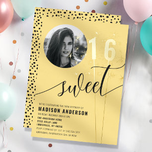 Invitation En Aluminium Photo d'anniversaire Sweet 16 étincelle jaune
