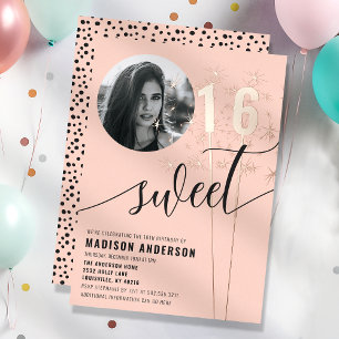 Invitation En Aluminium Photo d'anniversaire Sweet 16 Peach Sparkler
