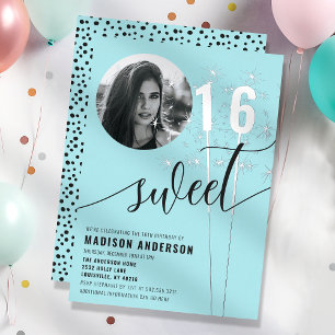 Invitation En Aluminium Photo d'anniversaire Sweet 16 Turquoise Sparkler