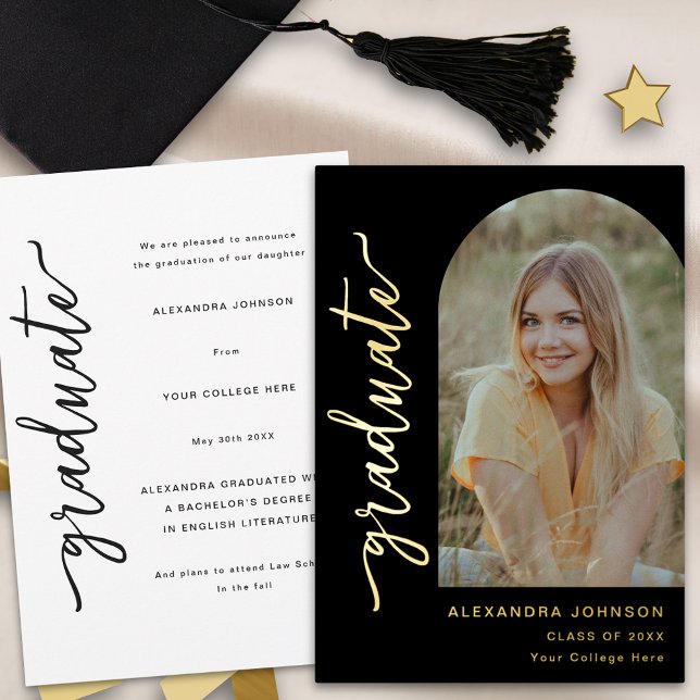 Invitation En Aluminium Photo d'architecture moderne élégant script doré d (Modern trendy photo arch graduation announcement card elegant chic black and gold foil script)