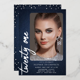 Invitation En Aluminium Photo de 21e anniversaire Glam Denim Diamonds Blue