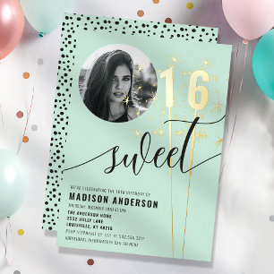 Invitation En Aluminium Photo de anniversaire 16 ans Vert Menthe Étincelan