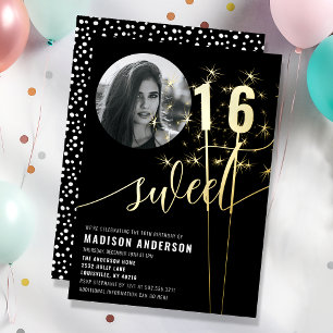 Invitation En Aluminium Photo de anniversaire Sweet 16 à paillettes noir e
