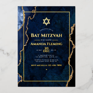 Invitation En Aluminium Photo de Bat Mitzvah en faux agate bleu marine et