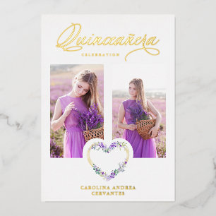 Invitation En Aluminium Photo de cœur floral or réel nuances lilas romanti