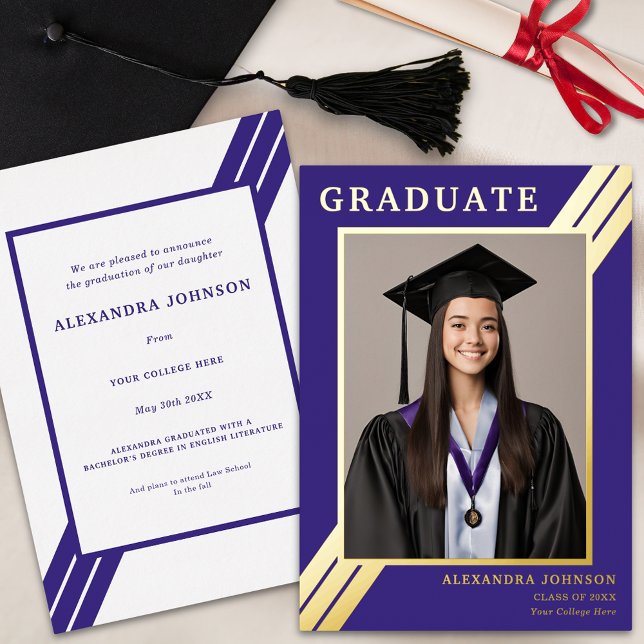 Invitation En Aluminium Photo de fin d'études moderne bleu et or (Modern Bold blue and gold foil stripes graduate photo Graduation announcement card)