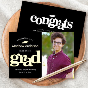 Invitation En Aluminium Photo de graduation noire typographie moderne or r