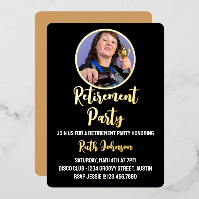 Invitation En Aluminium Photo de la partie de retraite de Golden Script (Recto/Verso)