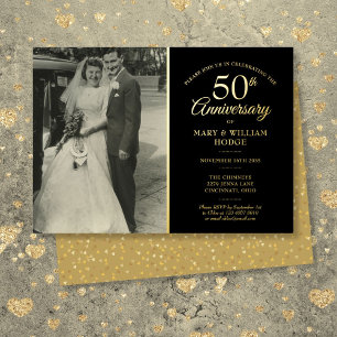 Invitation En Aluminium Photo de mariage 50e anniversaire noir et or