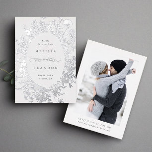 Invitation En Aluminium Photo de mariage à silhouette de fleur sauvage pou