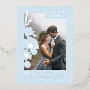Invitation En Aluminium Photo de mariage élégant aux fleurs sauvages bleu