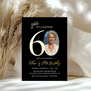Invitation En Aluminium Photo élégant de 60e anniversaire surprise en noir