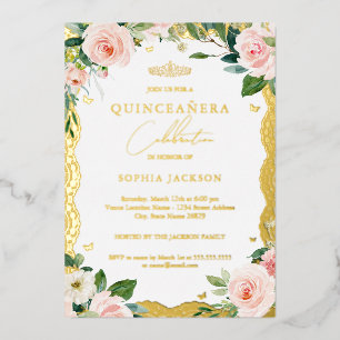 Invitation En Aluminium Photo Elegant Or Dentelle rose Floral Quinceanera