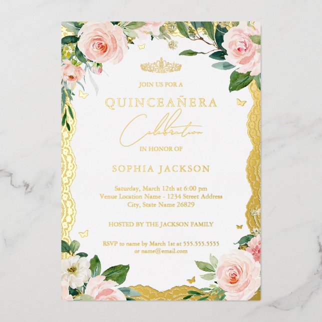 Invitation En Aluminium Photo Elegant Or Dentelle rose Floral Quinceanera (Recto)