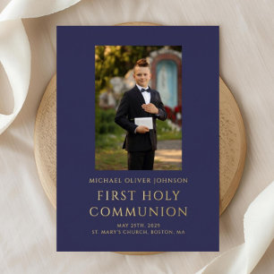 Invitation En Aluminium Photo Elégante Marine Blue Boy First Communion Gol