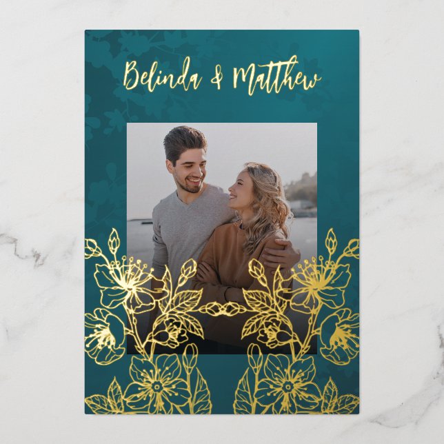 Invitation En Aluminium Photo Floral Line Art Gold Mariage (Recto)