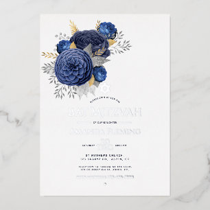 Invitation En Aluminium Photo Foil Invi Bat mitzvah floral marine et argen