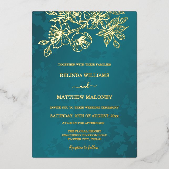 Invitation En Aluminium PHOTO  Gold Teal Floral Wedding (Recto)