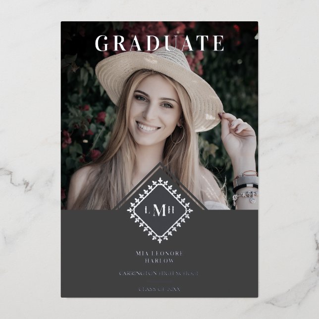 Invitation En Aluminium Photo Graduation Chic Initial Lace Effect Romantic (Recto)