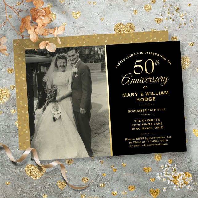 Invitation En Aluminium Photo Mariage du 50e anniversaire Noir et or (50th Anniversary Wedding Photo Black And Gold Foil Invitation)