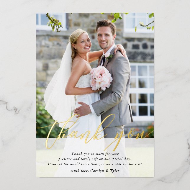 Invitation En Aluminium PHOTO MARIAGE merci élégante calligraphie or (Recto)