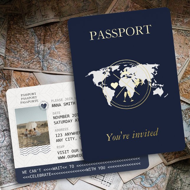 Invitation En Aluminium Photo Mariage unique Gold & Navy Blue Passport (Gold Foil & Navy Blue Wedding Passport)