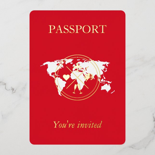 Invitation En Aluminium Photo Mariage unique Gold & Red Passport (Recto)