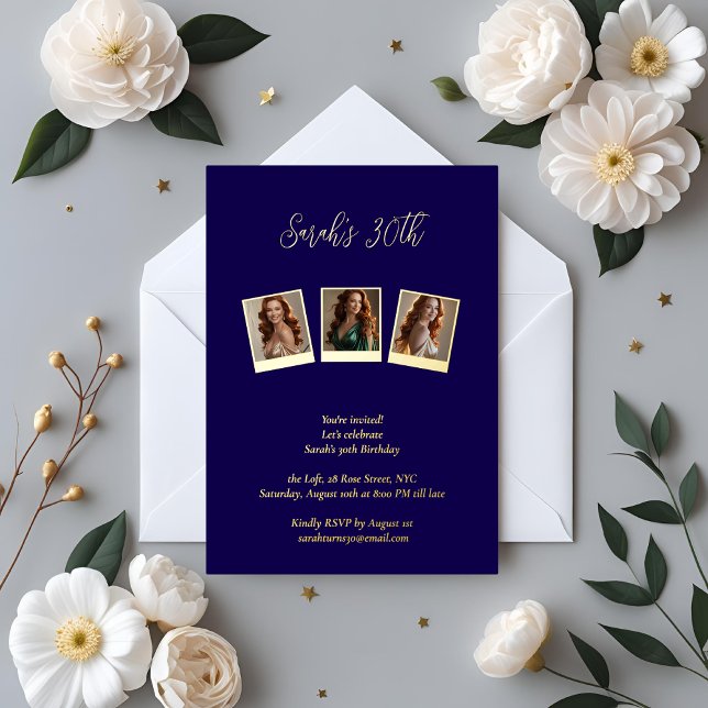 Invitation En Aluminium Photo Marine Blue & Gold Foil 30e anniversaire (Créateur téléchargé)