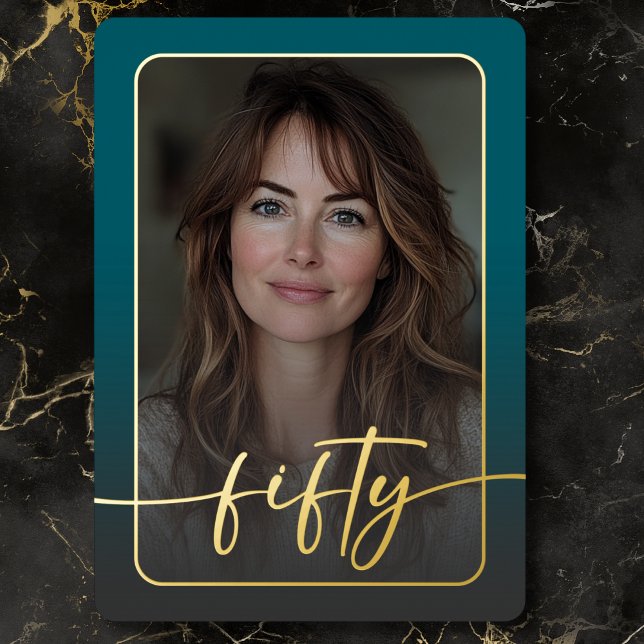 Invitation En Aluminium Photo minimaliste moderne Turquoise Cinquantième a (Modern Minimal Teal Photo Fiftieth Birthday Foil Invitation)