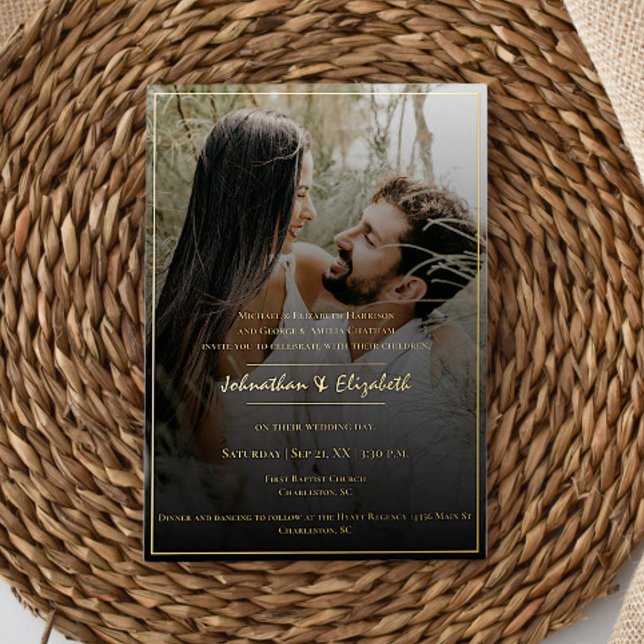 Invitation En Aluminium Photo moderne et Mariage de recouvrement noir (Modern Photo and Black Overlay Wedding Foil Invitation)