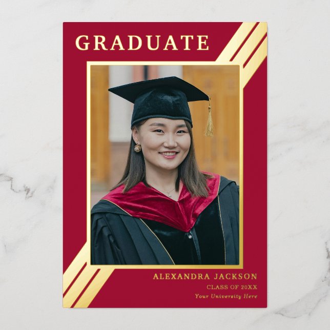 Invitation En Aluminium Photo moderne Grad Burgundy Red Gold (Recto)