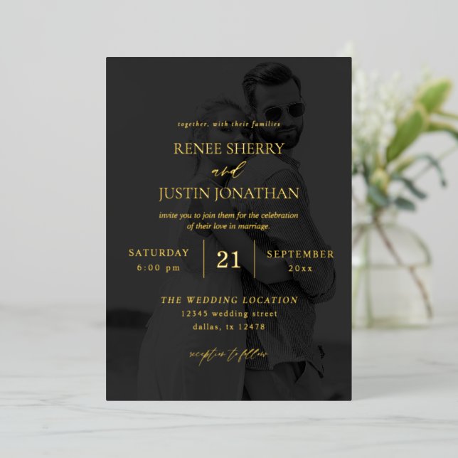 Invitation En Aluminium Photo moderne noir et blanc 5 Mariage vertical fon (Debout devant)