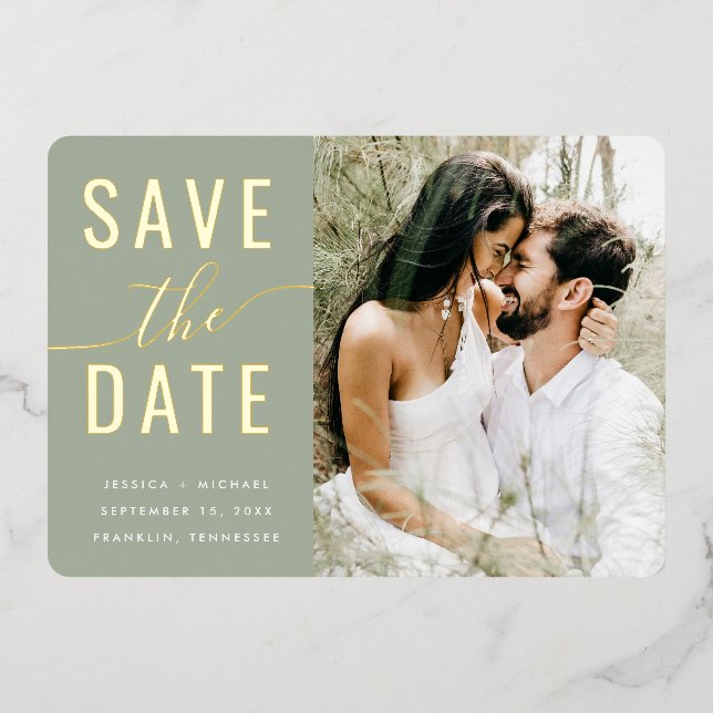 Invitation En Aluminium Photo Moderne Sage Vert Script Enregistrer La Date (Recto)
