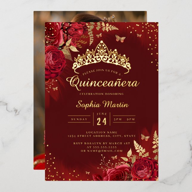 Invitation En Aluminium Photo Papillon Rouge Or Floral Quinceanera (Recto/Verso)