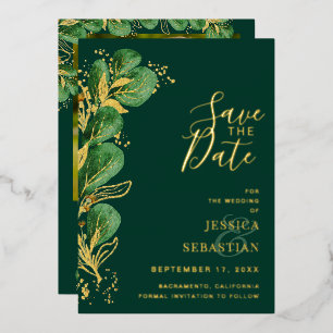 Invitation En Aluminium Photo personnalisée Emerald Green & Gold Eucalyptu