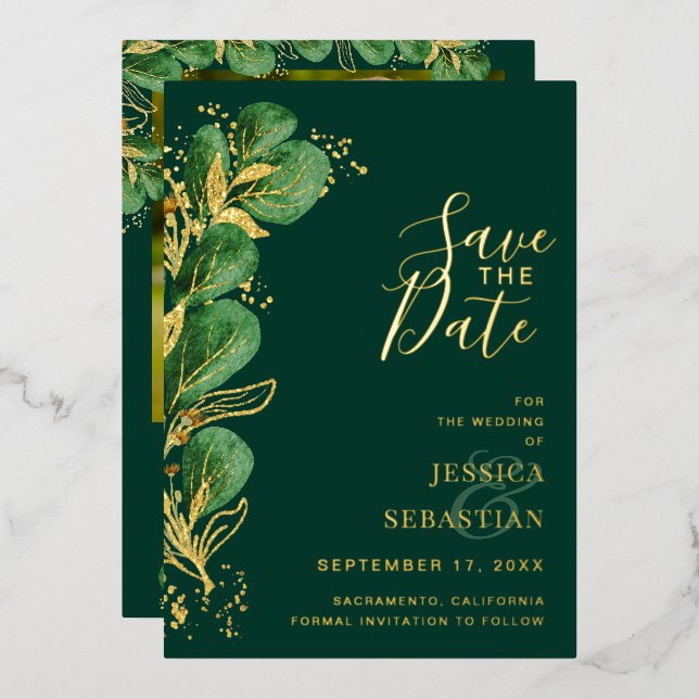 Invitation En Aluminium Photo personnalisée Emerald Green & Gold Eucalyptu (Recto/Verso)