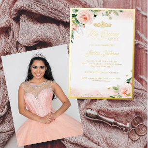 Invitation En Aluminium Photo Quinceanera Anniversaire Fleur Rose Or