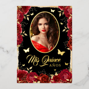 Invitation En Aluminium Photo Quinceanera Rose rouge or papillon