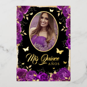Invitation En Aluminium Photo Quinceanera Violet Or Rose Papillon Doré 