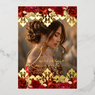 Invitation En Aluminium Photo Rose Gold Damassé Fleur Quinceanera