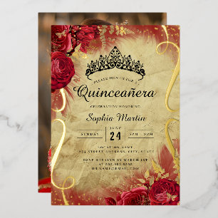 Invitation En Aluminium Photo Rouge Flore Défilé Quinceanera