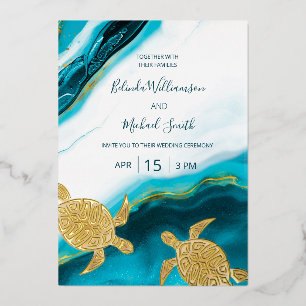 Invitation En Aluminium PHOTO Tortues dorées Encre sarcelle Mariage