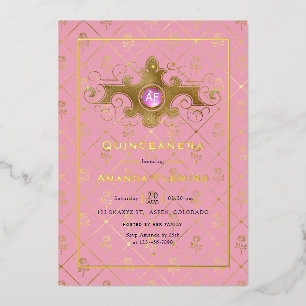 Invitation En Aluminium Pierre rose et or Quinceañera Monogramme