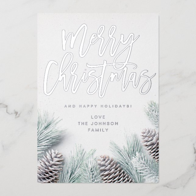 Invitation En Aluminium Pin à neige et feuille Joyeux Noël (Recto)