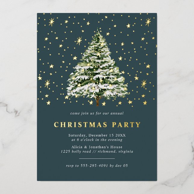 Invitation En Aluminium Pine vert Turquoise | Festive Noël Party Gold (Recto)