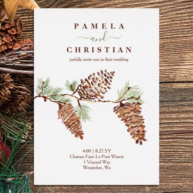Invitation En Aluminium Pinecones Brown, Aiguilles de pin vert Mariage hui (rustic brown pink dusty terracotta winter wedding invitation watercolor pinecones pine needles plant)